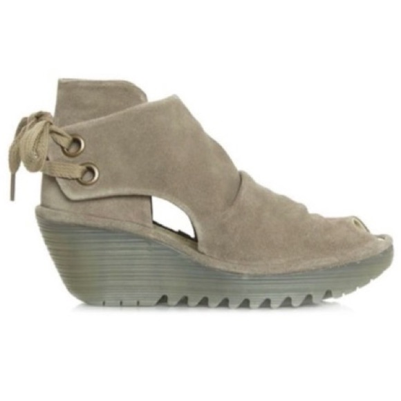 FLY LONDON Yema Taupe Suede Lace Up Wedge Booties Tan Platform 38 - Picture 1 of 7